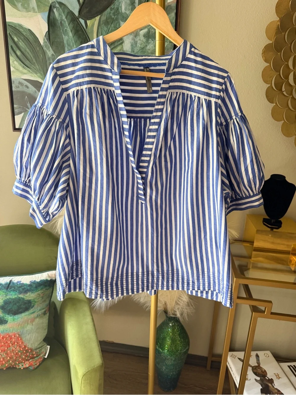 Anthropologie Blue White Striped Puff Sleeve Popover Blouse 2X Cotton Relaxed